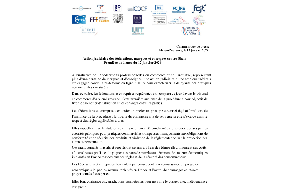 Action judiciaire du commerce français contre Shein, première audience du 12 janvier
